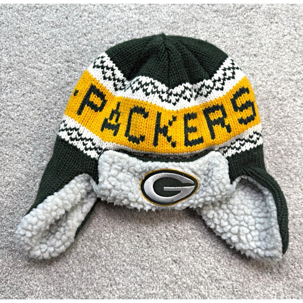 Green Bay Packers NFL Team Apparel Winter Hat Beanie Ear Flaps Sherpa Fleece
